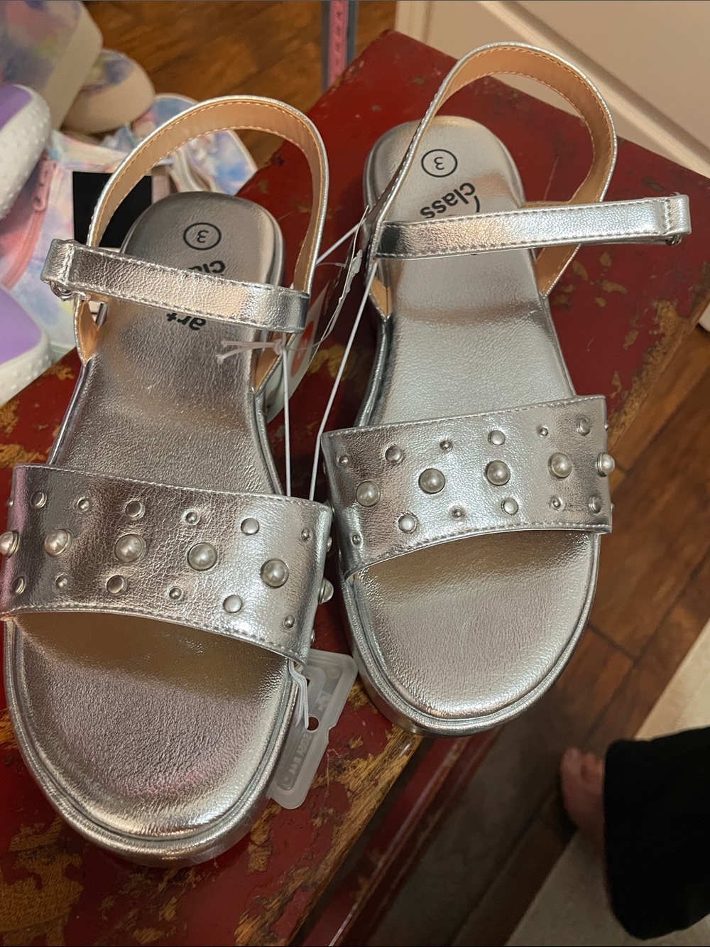 Class Club Metallic Silver Stud Accent Kids Sandals Size 3